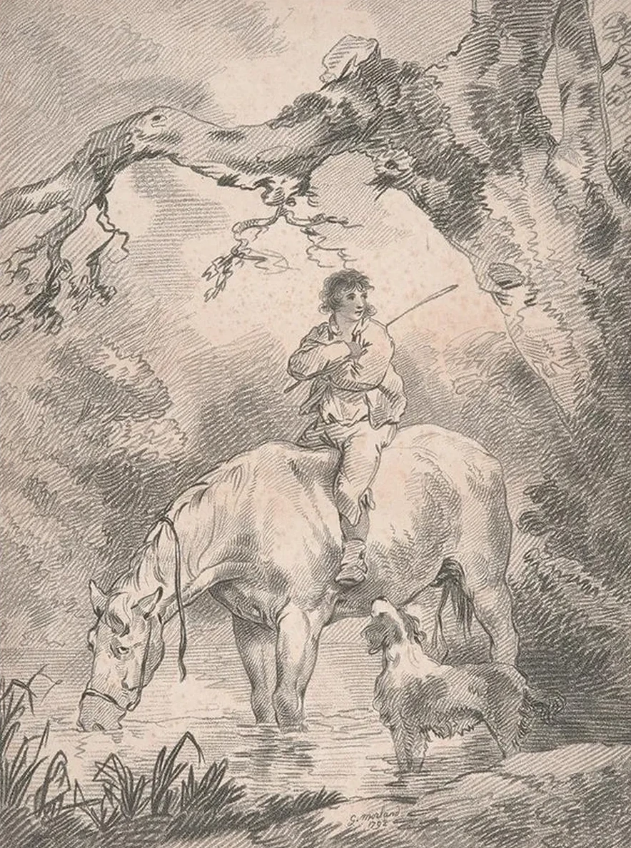 Lad Astride a Horse in a Stream