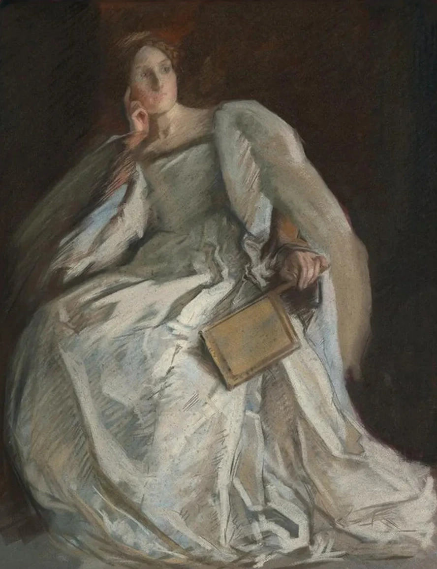 Lady in White Seated. Right Hand to Chin. HoldingFan