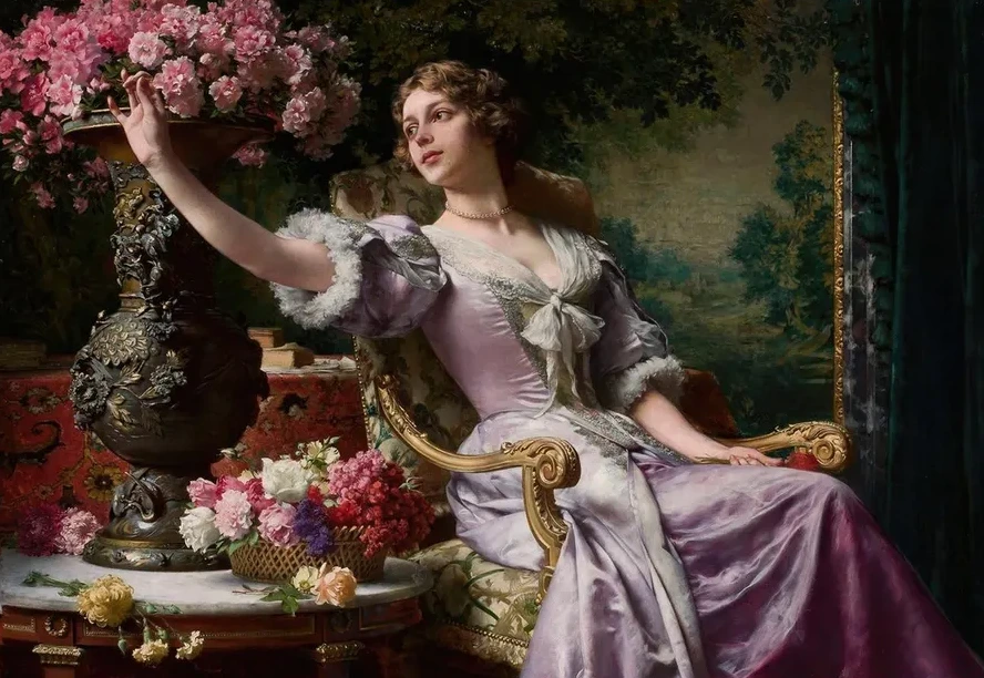 Lady in a Lilac Dress with Flowers