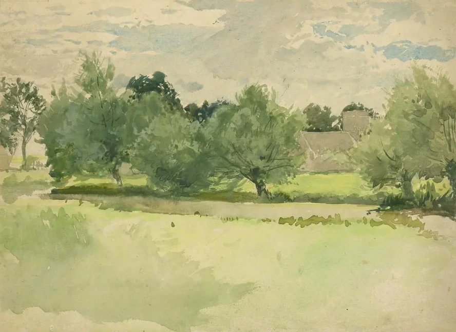 Landscape Meadow. Church Inbackground
