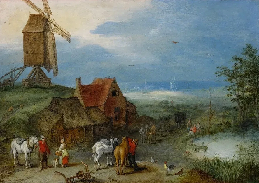 Landscape With A Windmill, Various Figures, Horses, And Animals Near A Farmstead