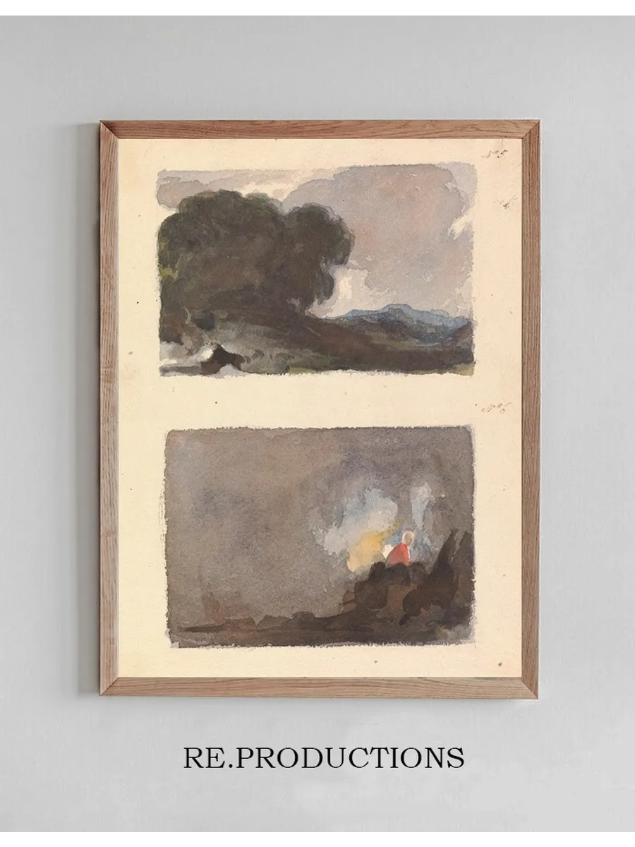 Landscape with Tree in Foreground and Mountains in Distance Figure in Interior Scene