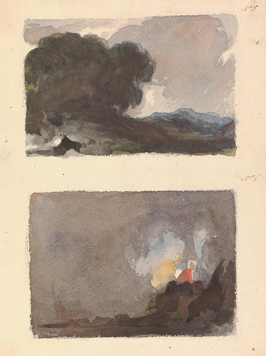 Landscape with Tree in Foreground and Mountains in Distance Figure in Interior Scene