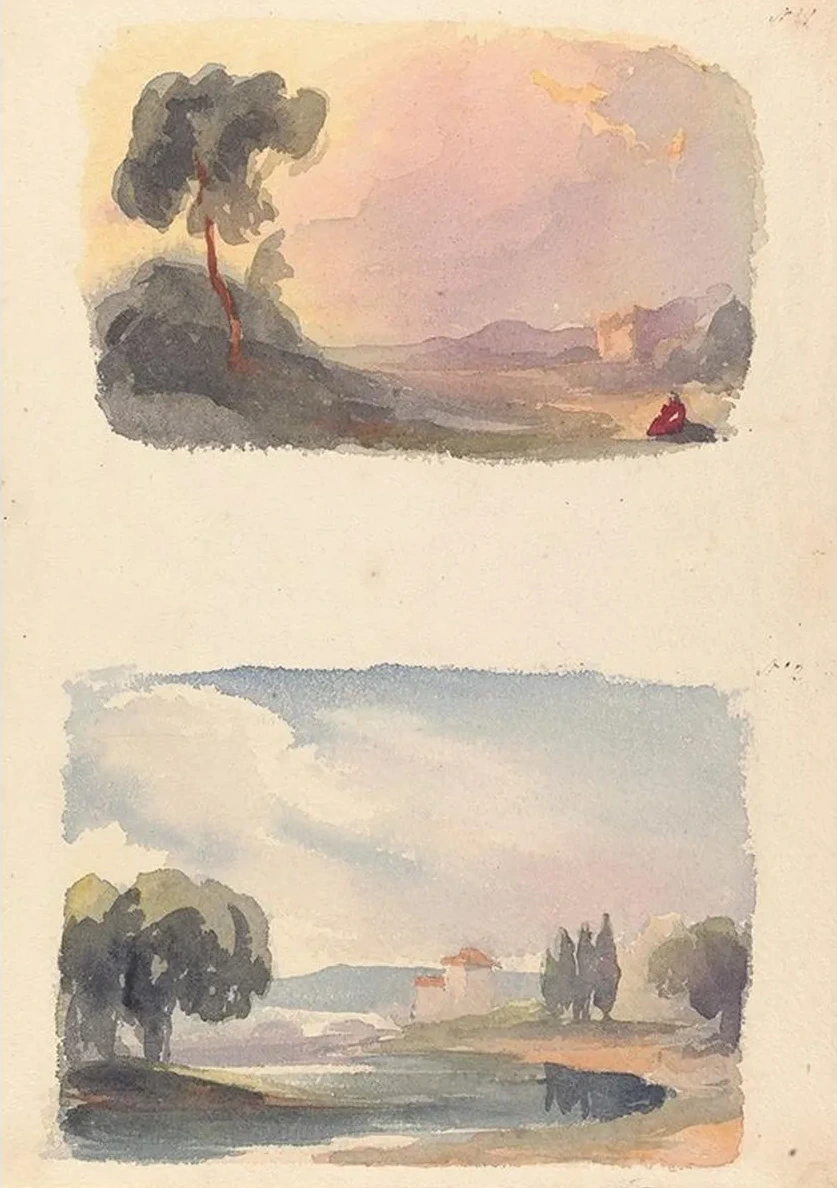 Landscape with Mountains in Distance and Seated Figures in Foreground, Landscape with River and Building, Moun