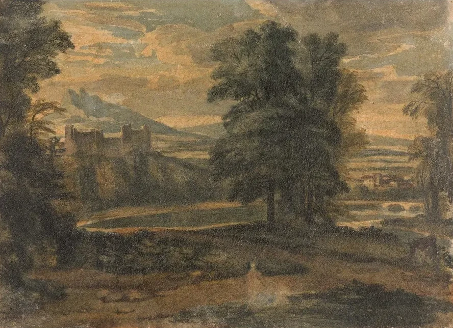 Landscape with Mountains, Castle, Trees and Lake