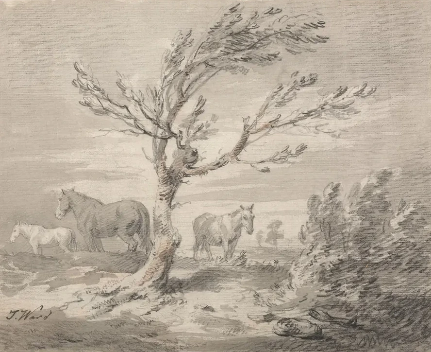 Landscape with Three Horses and a Tree in the Foreground