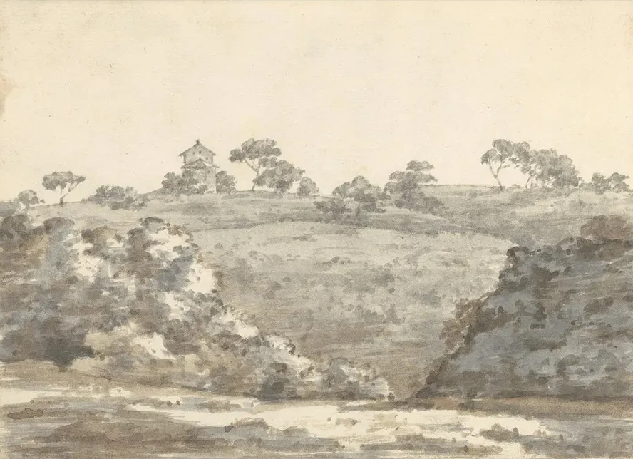Landscape with a Two - Story Building on a Hill