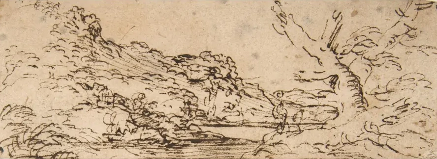 Landscape with Hills and a Lake, Trees in Right Foreground