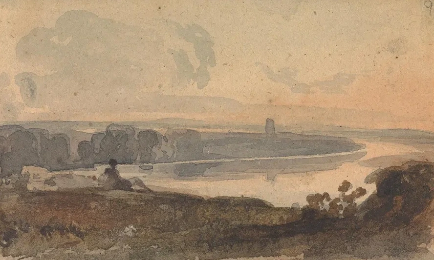 Landscape, with Winding River, Figure on Hill in Foreground
