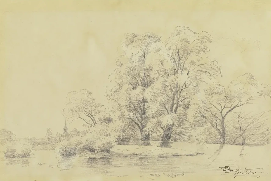 Landschaft Mit B Umen Am Wasser, in Der Ferne Der Turm Einer Dorfkirche