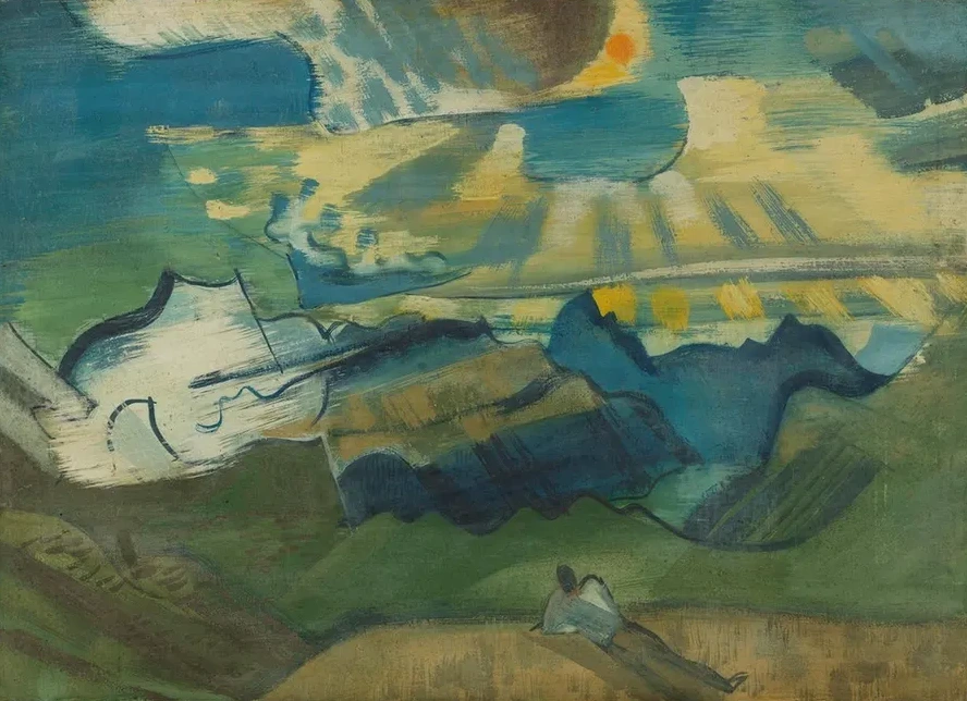 Landschaft Mit Liegendem Wanderer