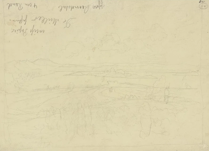 Landschaft, IM Vordergrund Figuren, IM Hintergrund Ein See Mit Insel