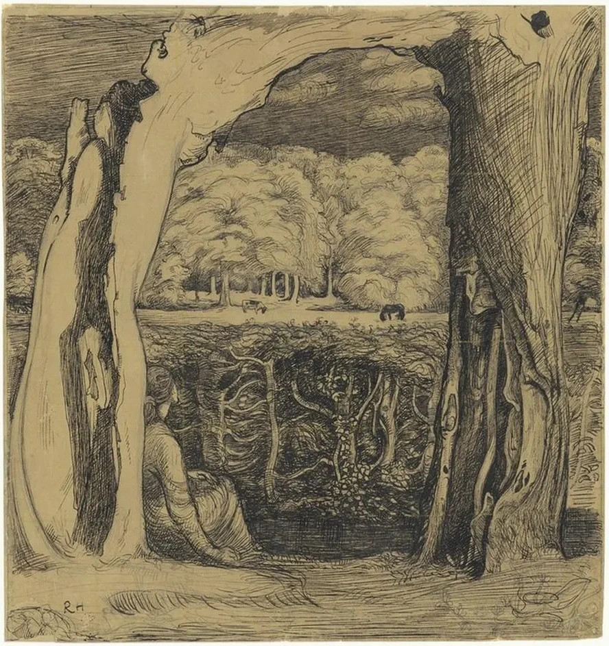 Landschap Met Een Vrouw Zittend Tussen Twee Wilgen