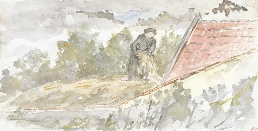 Landschap Met Vrouw En Dak van Een Huis