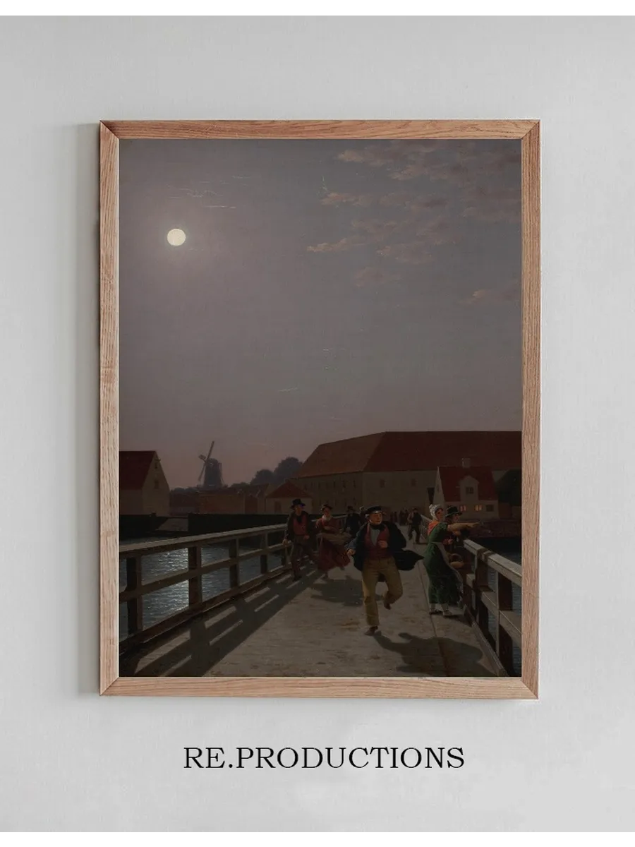 Langebro, Copenhagen, in the Moonlight with Running Figures