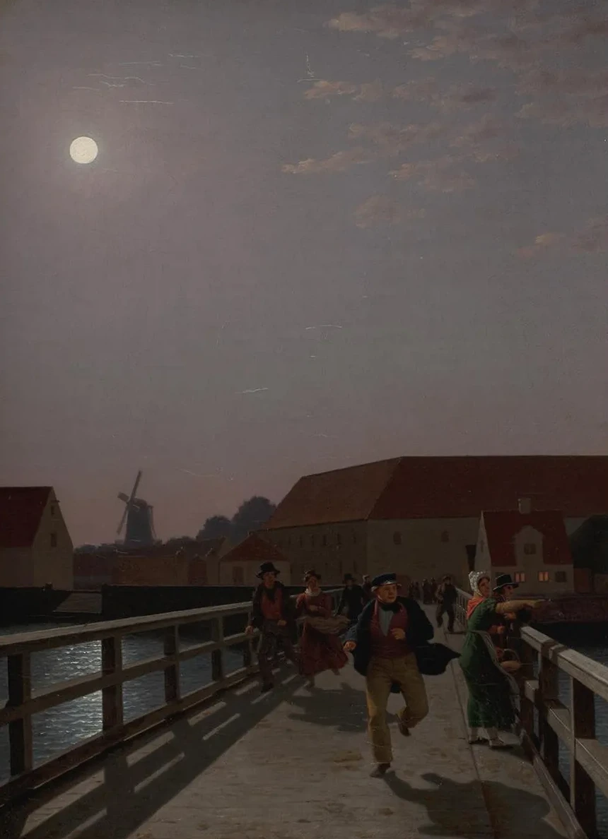 Langebro, Copenhagen, in the Moonlight with Running Figures
