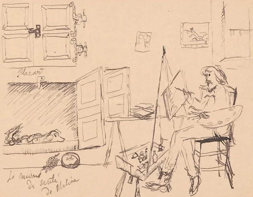 Letter to Maria Mickiewicz Wna with a Drawing Self - Portrait of the Artist Painting a Picture at Their Workshop