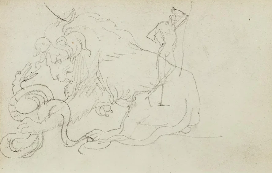 Lion Attacking a Snake Over Nude Figure Study