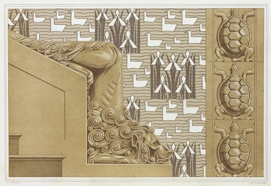 Lion, D Part de Rampe En Pierre Pour En Escalier Monumental. Tortues, Carreaux Gr's. Canards et Iris, Tenture