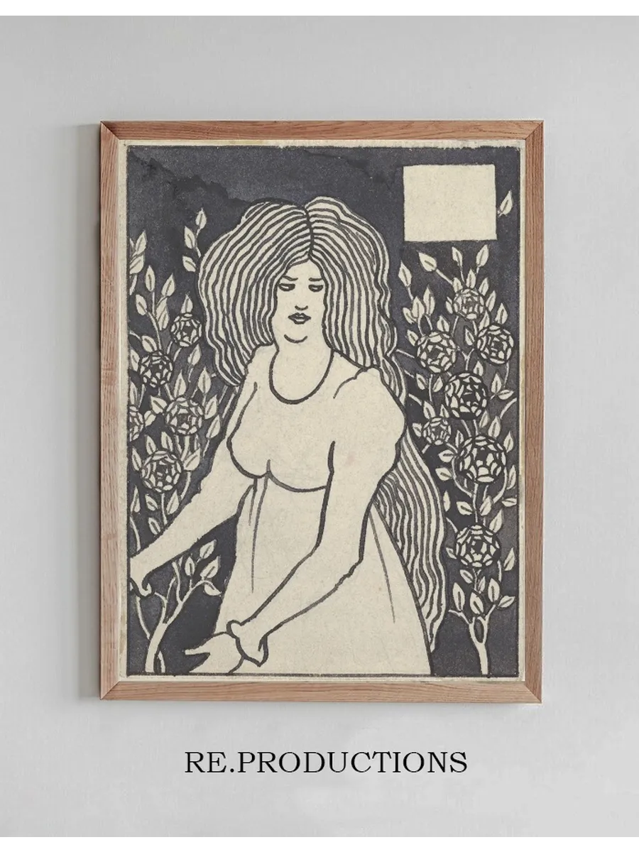 Long - haired Woman in Front of Tall Rosebushes