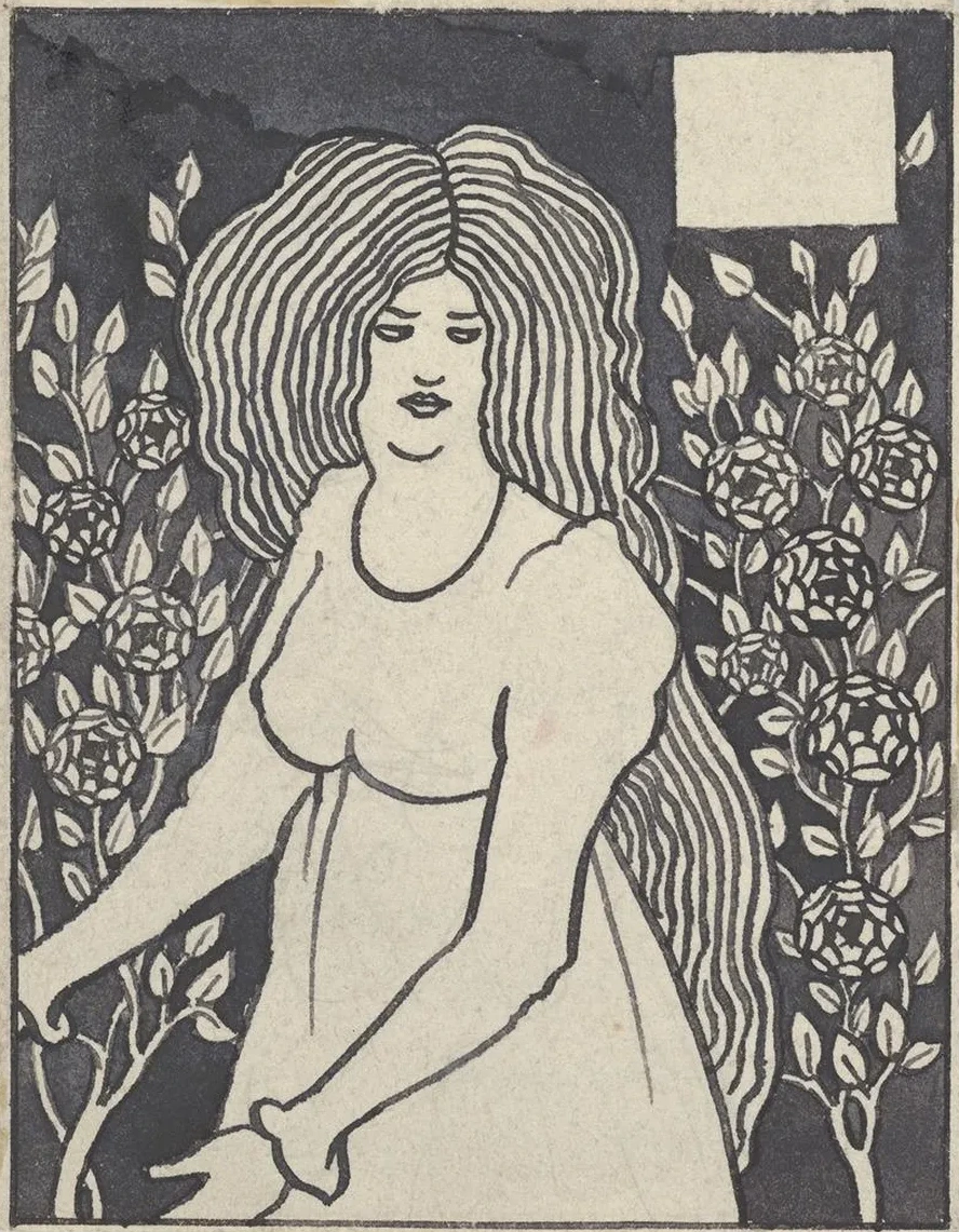 Long - haired Woman in Front of Tall Rosebushes