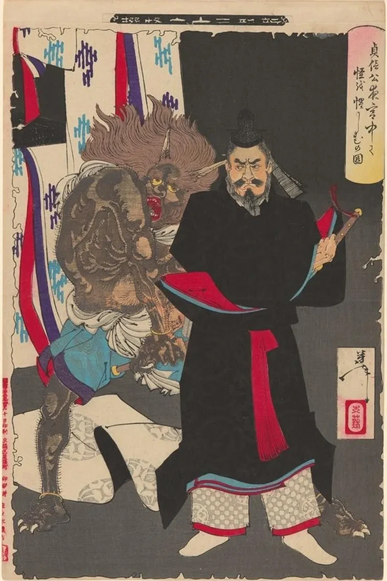 Lord Sadanobu, in His Palace at Night, on Guard against an Eerie Presence