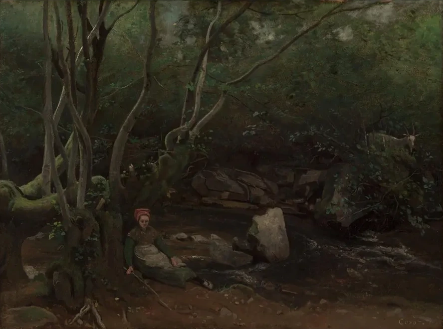 Lormes Goat - Girl, Sitting Beside a Stream in a Forest