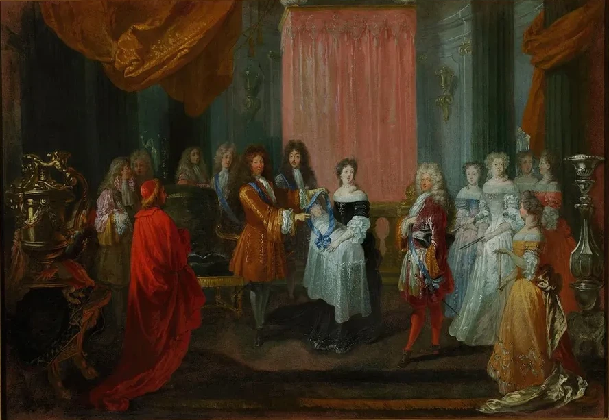 Louis XIV awards the Cordon Bleu Order to the Duke of Burgundy, father of Louis XV