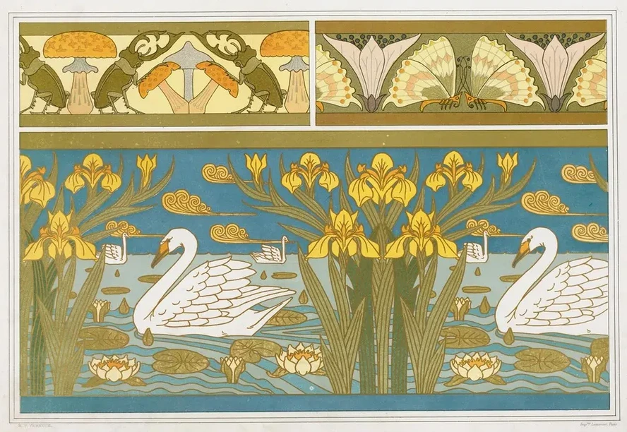 Lucanes et Champignons, Oxalides et Papillons, Bordure Cygnes, Iris et N Nuphars, Mail Cloisonn