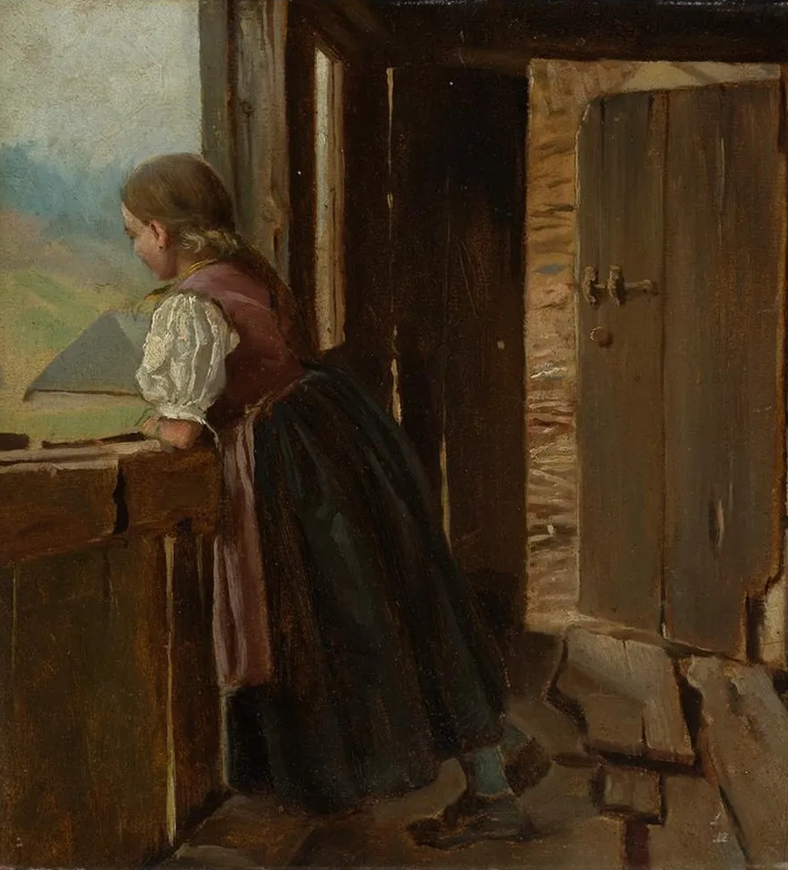 M Dchen Auf Der Laube Eines Bauernhauses