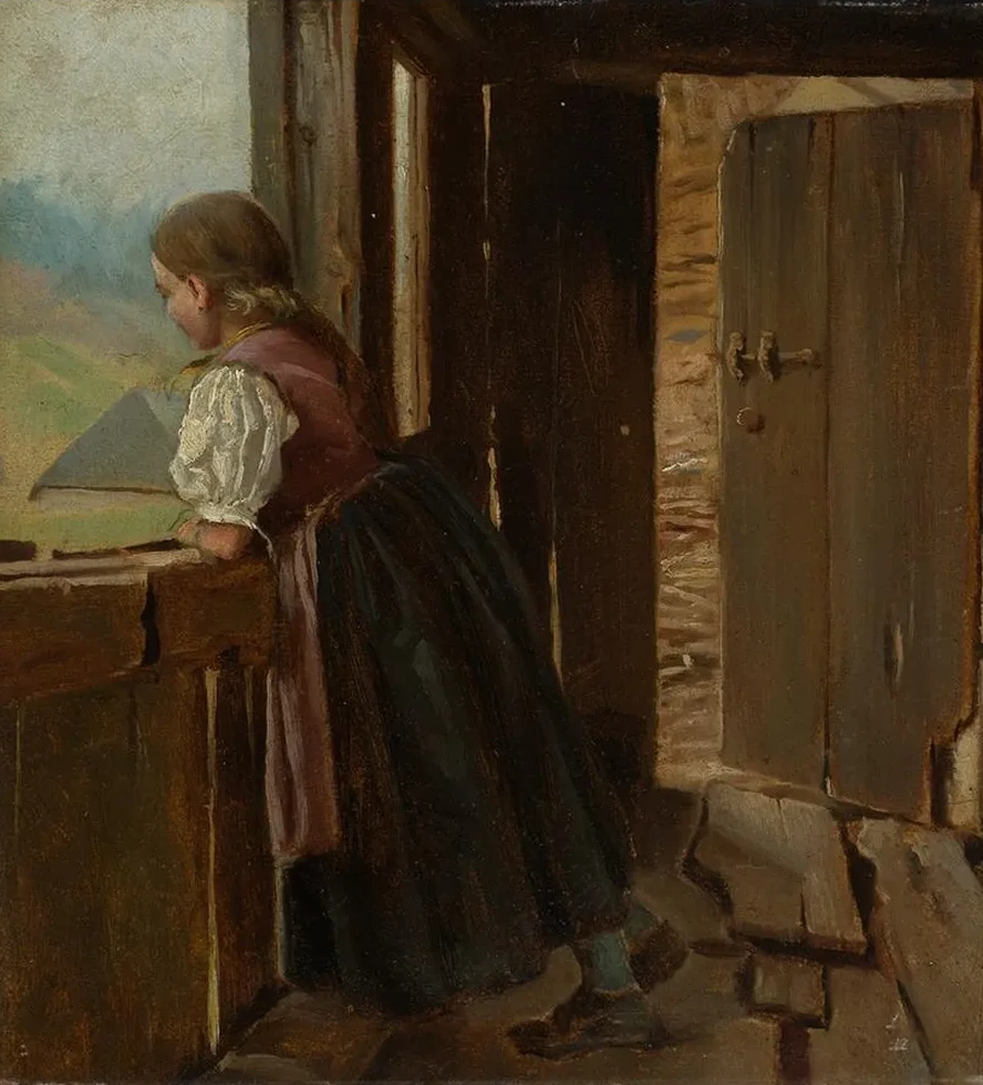 M Dchen Auf Der Laube Eines Bauernhauses