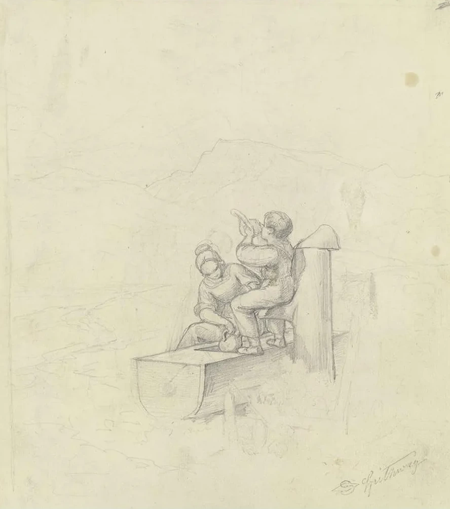 M dchen und Junge am Brunnen