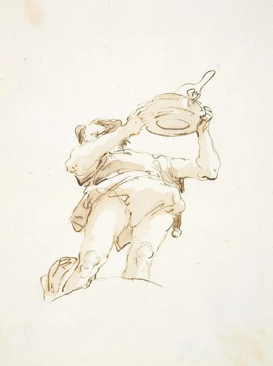 Male Figure Carrying a Tray with Fowl, Seen Frombelow