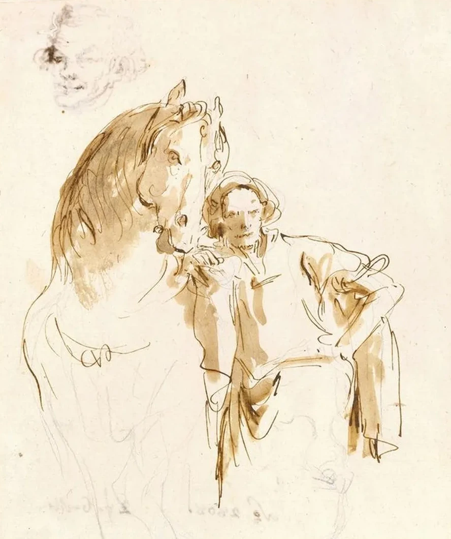 Man Leaning against a Horse