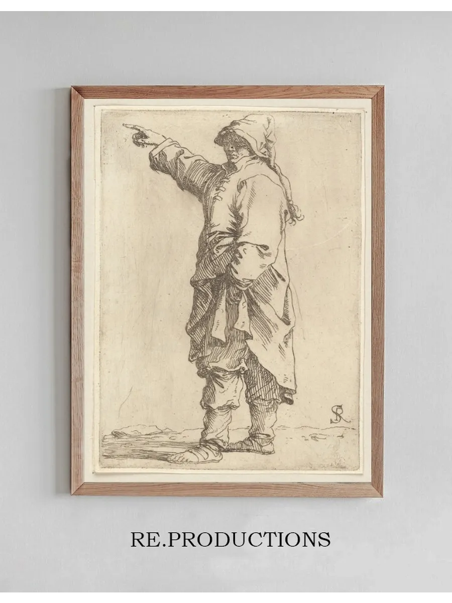 Man Standing, with Arm Raised, Pointing Toward the Left