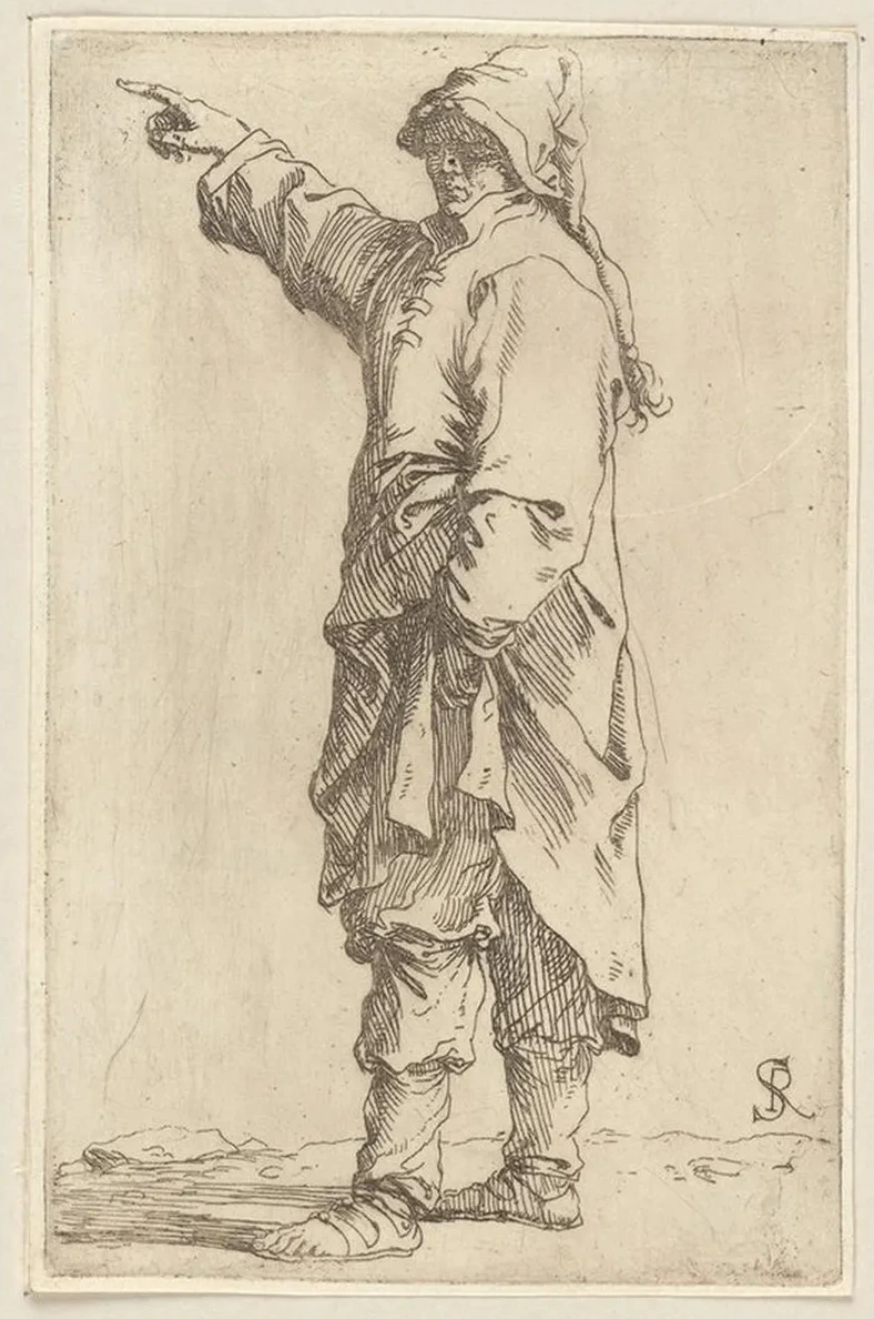 Man Standing, with Arm Raised, Pointing Toward the Left