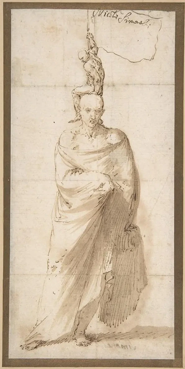 Man Wearing a Large Cloak and a Small Naked Man on His Head