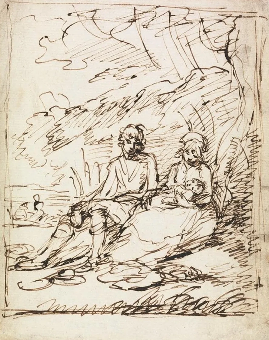 Man and Woman Holding Baby, Seated on Bank