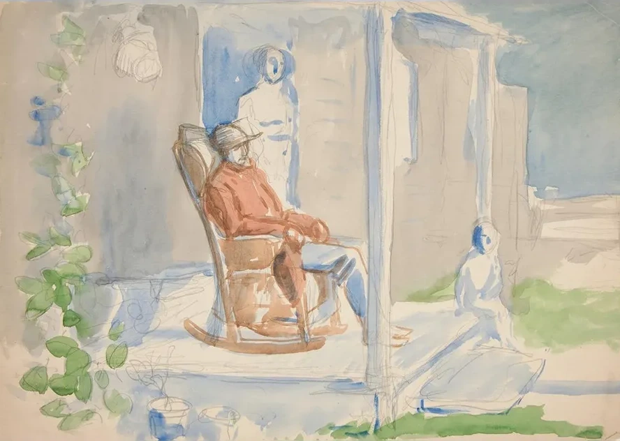 Man in Rocking Chair on Front Porch with His Wife and Child