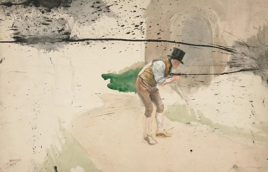 Man in Tophat and Shirtsleeves Sweeping Awalkway