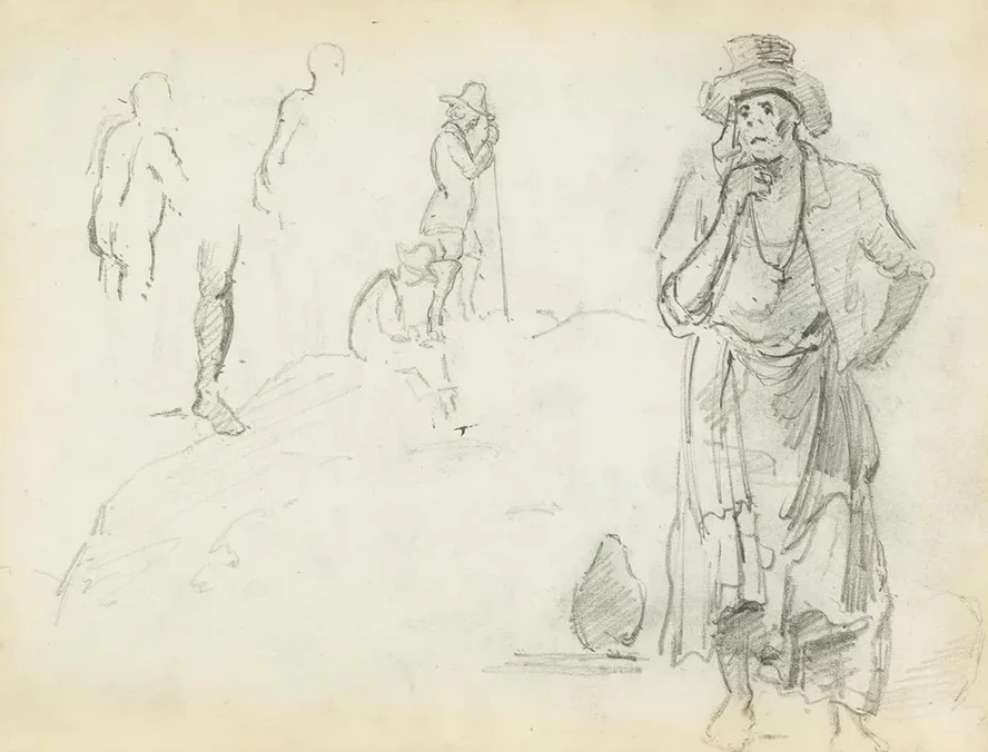 Man with His Hand to His Chin, with Sketches of Men in Profile and a Leg