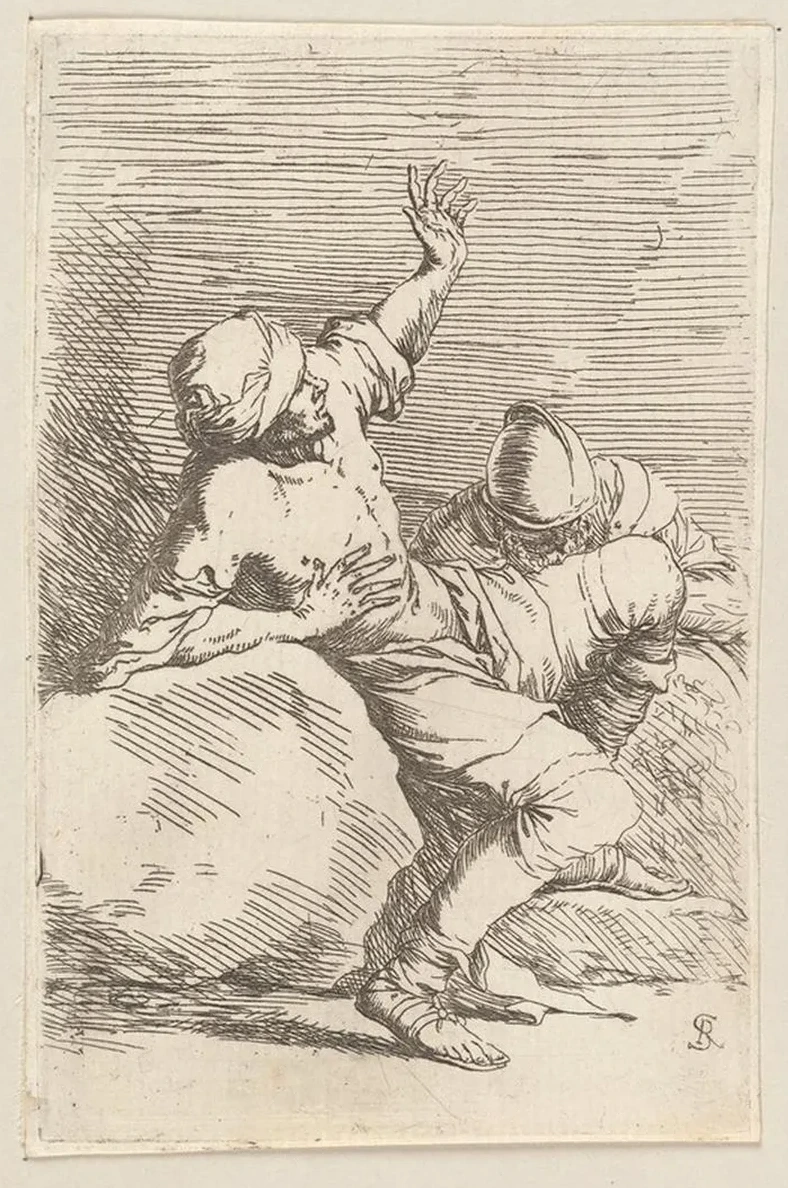 Man, Pointing Upward, and Soldier in Repose