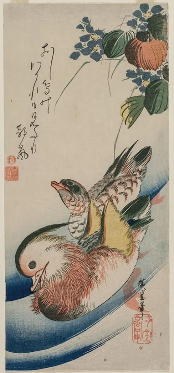 Mandarin Ducks and Flowering Plants
