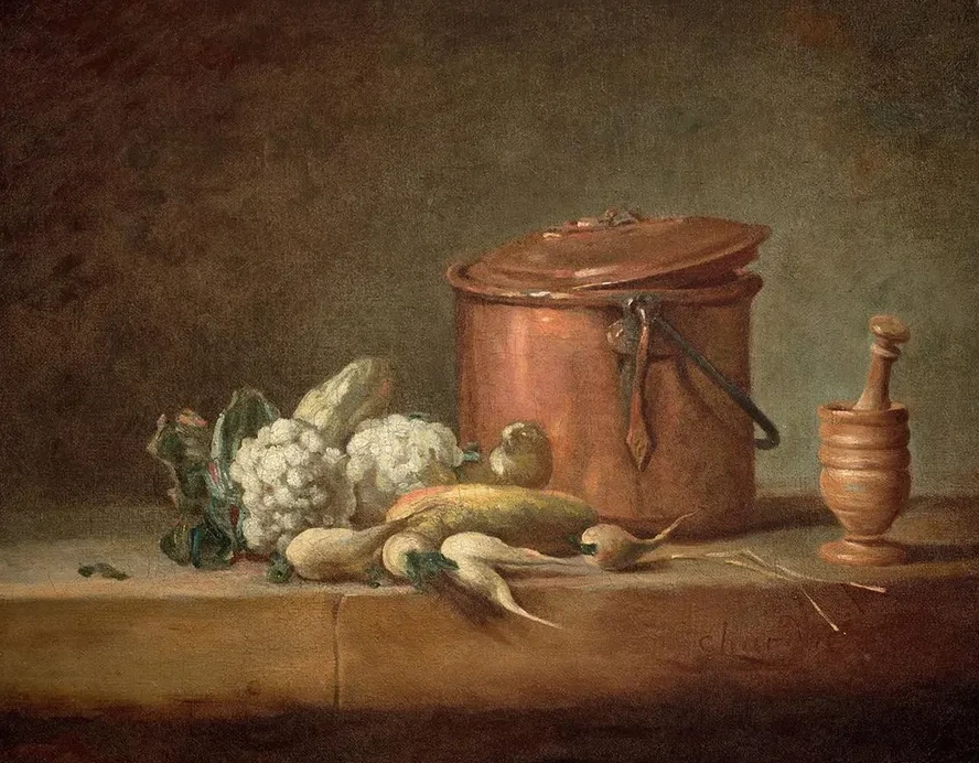 Marmite de Cuivre, Choux - Fleurs et Grugeoir Avec Son Pilon Sur Un Entablement