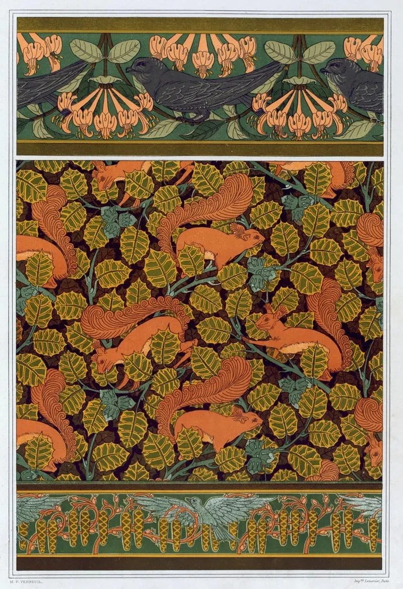 Martinets et Ch Vrefeuille, Bordure. Cureuils et Noisetier, Papier Peint. Oiseaux et Noisetier En Fleur, Bordu