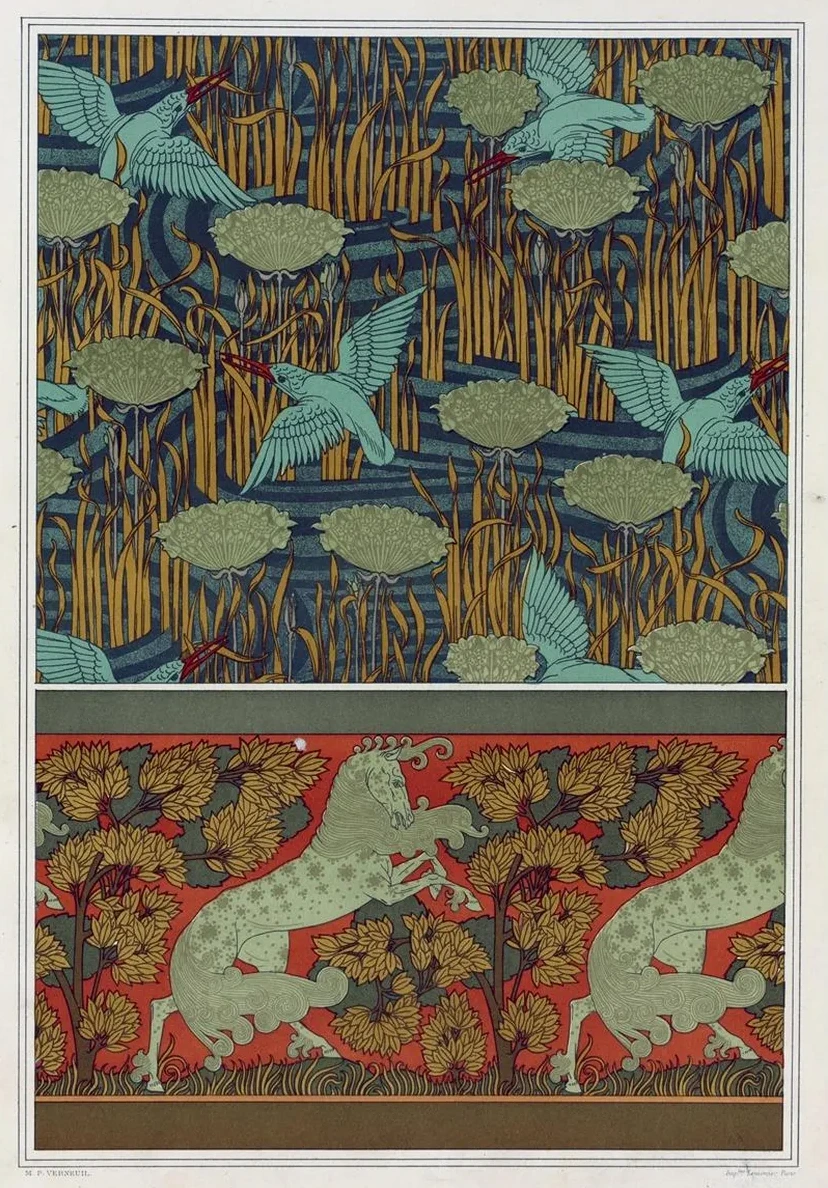 Martins - P Cheurs et Butome En Ombelle, Papier Peint. Chevaux et Arbres, Bordure