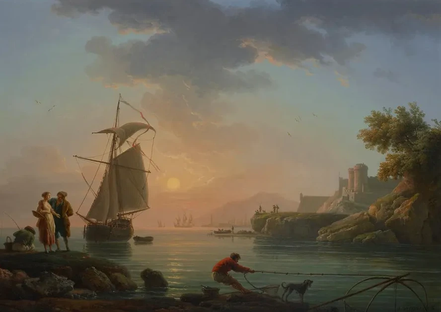 Mediterranean Port at Sunset, with a Fisherman in the Foreground