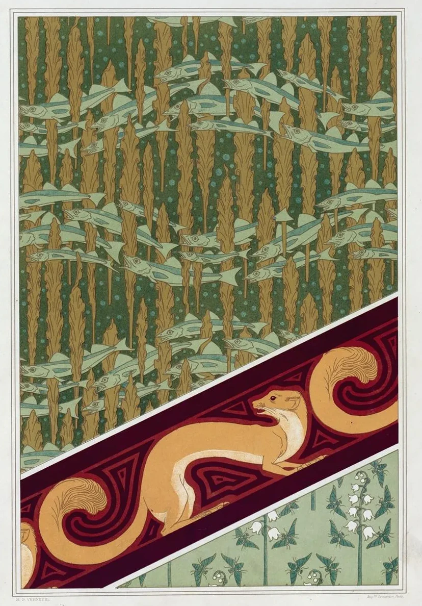 Merlans et Algues, Papier Peint. Mouches et Muguet, Toffe de Soie. Hermine Vulgaire, Bordure