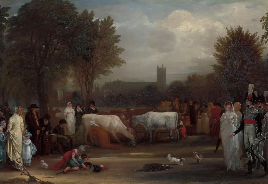 Milkmaids in St. James's Park, Westminster Abbey Beyond