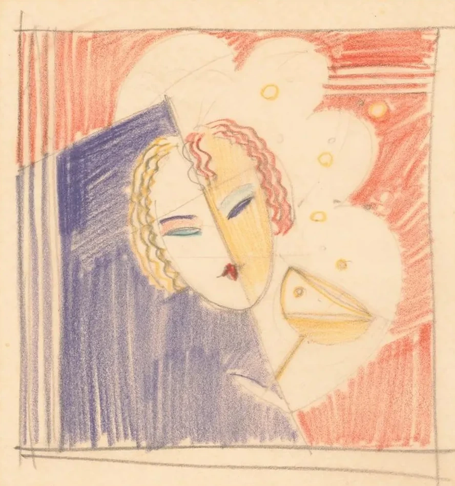 Miscellaneous Small Sketches for Inlaid Table Tops. Design with Female Face and Cocktail Beverage